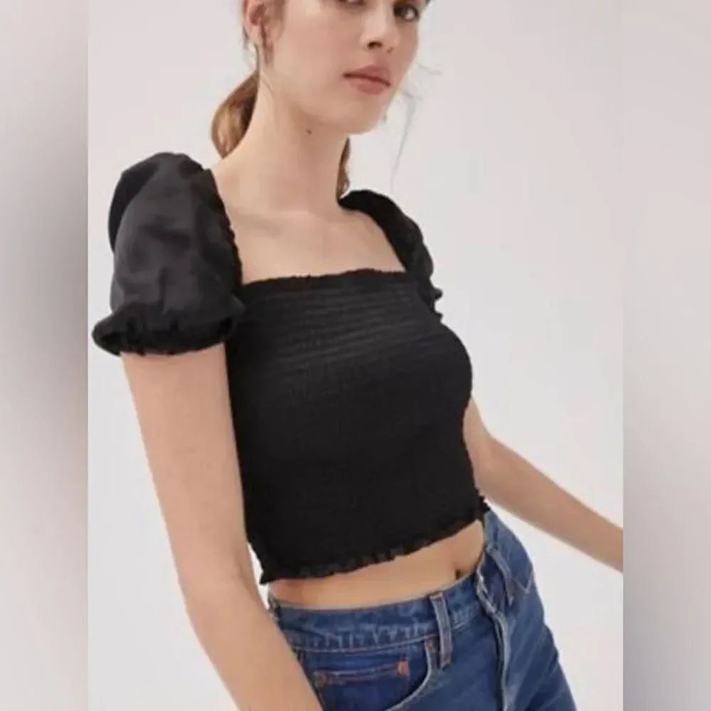 Urban Outfitters Sabrina Smocked Satin Puff Sleeve Crop Top